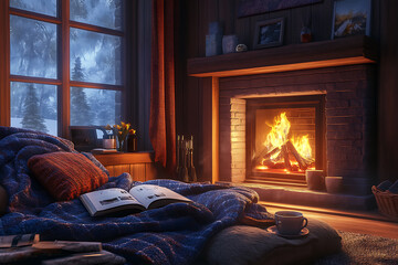 A serene and cozy scene in a warm house, with a crackling fireplace, soft blankets, hot cocoa, and a book, perfect for relaxation.