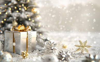 Silver and gold christmas gift boxes on snowy background in festive style. Concept of holiday celebration, decoration and winter festivities