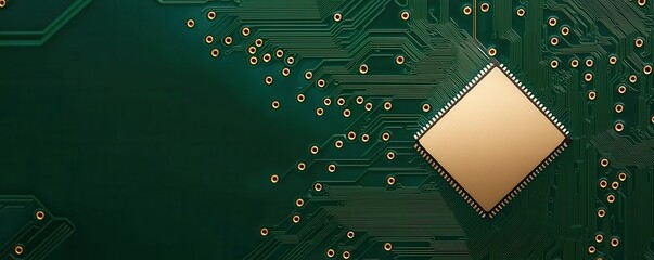 Gold chip on green circuit board, digital technology background.