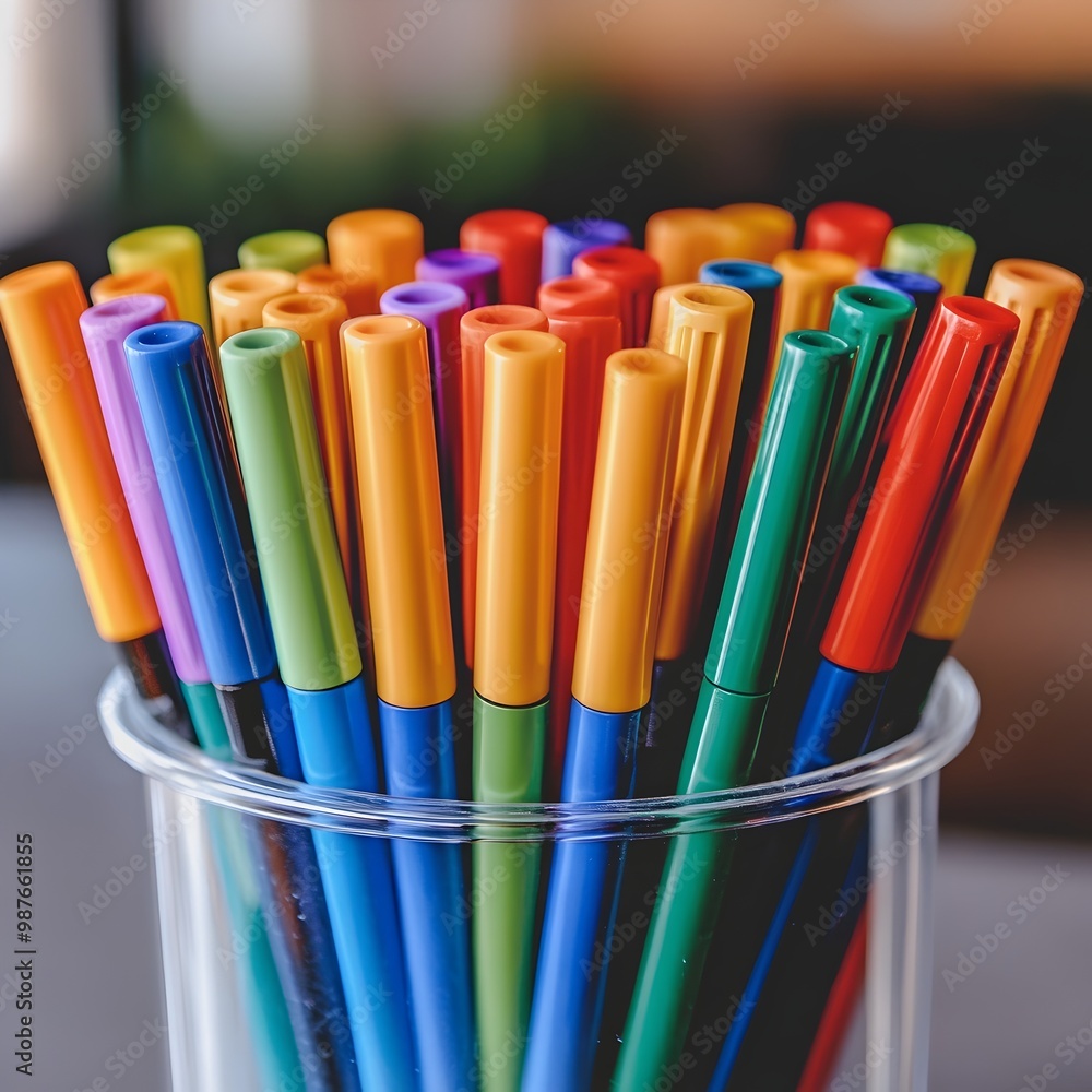 Poster vibrant multicolored markers in transparent container playful arrangement with soft focus in