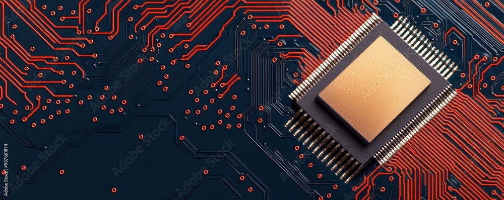 Poster microchip on circuit board with intricate design, isolated on dark background.