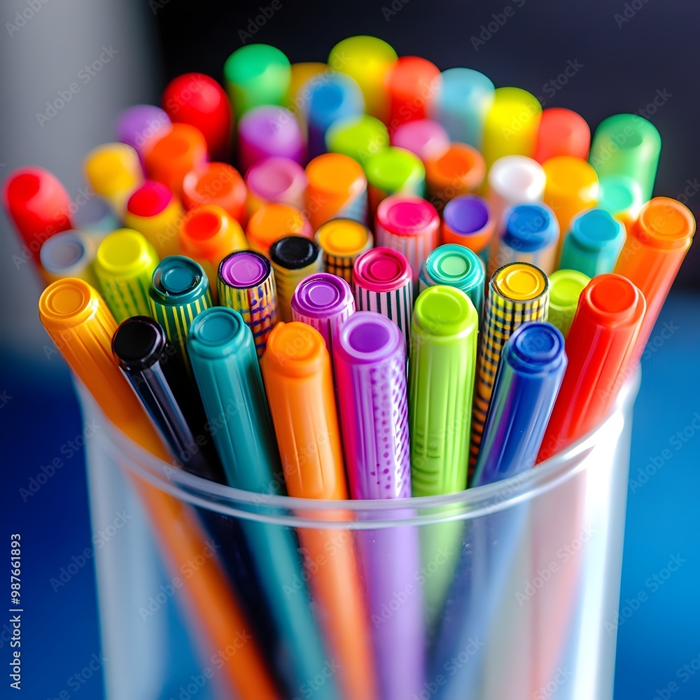 Poster vibrant multicolored markers in transparent container with playful memphis inspired arrangement