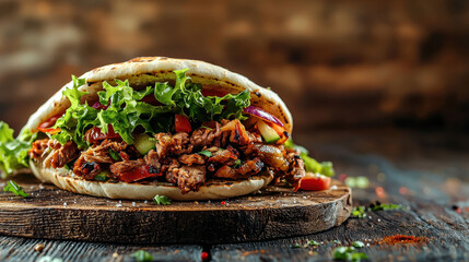 A delicious stuffed pita bread loaded with savory grilled meat, fresh green lettuce, and an array of colorful vegetables, offering a healthy and satisfying meal option.