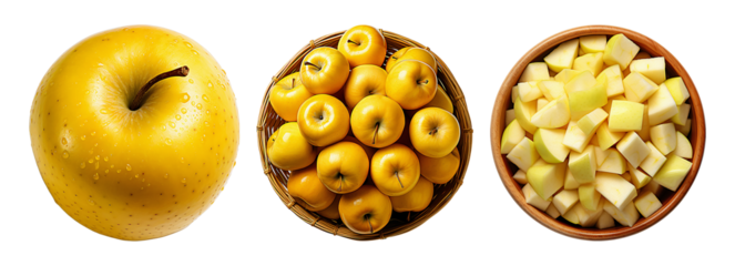 Yellow apples showcased whole in a basket and diced in a bowl offering a variety of uses for healthy snacking and cooking