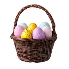 Colorful Easter eggs in a wicker basket, white isolated background