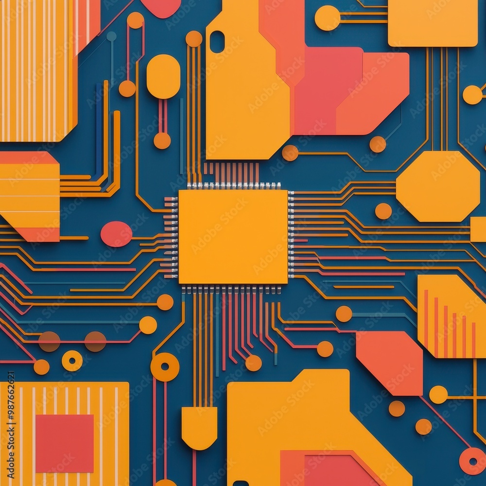 Poster vibrant circuit board design with colorful patterns and intricate details.