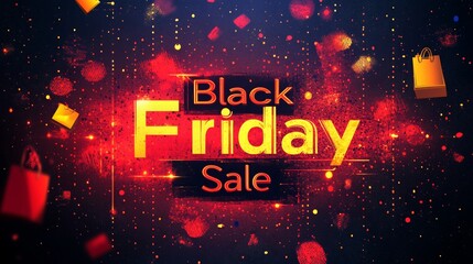 Vibrant "Black Friday Sale" text in neon red and yellow surrounded by dynamic splashes of light and floating shopping bags, creating an energetic and festive promotional design