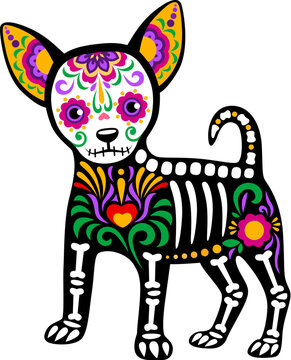 Day of the dead Mexican dog animal skeleton tattoo. Isolated vector Dia de los muertos sugar skull puppy with vibrant floral motifs and bones symbolizing remembrance and celebration of deceased pets