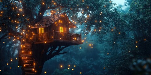 Whimsical treehouse in heavy rain with glowing lights, magical forest scene