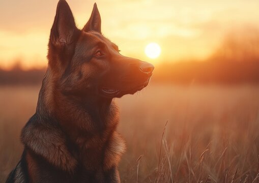 A trained dog sits attentively in a sunlit grassy field during sunset - Powered by Adobe