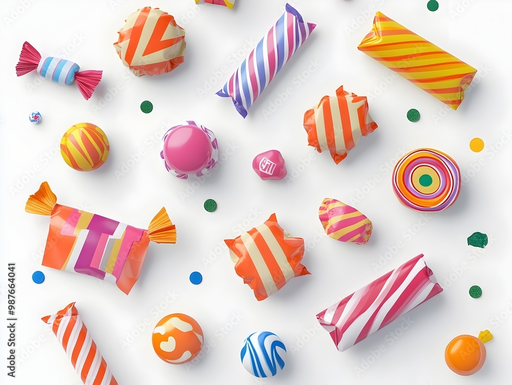 Poster visually appealing 3d rendered flat lay of colorful candy wrappers with geometric patterns shapes an