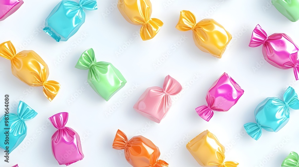 Poster visually captivating 3d rendered showcasing a decorative arrangement of glossy vibrant candy wrapper