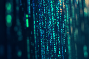 Futuristic binary digital data stream in blue tones representing data flow and technology in a virtual environment