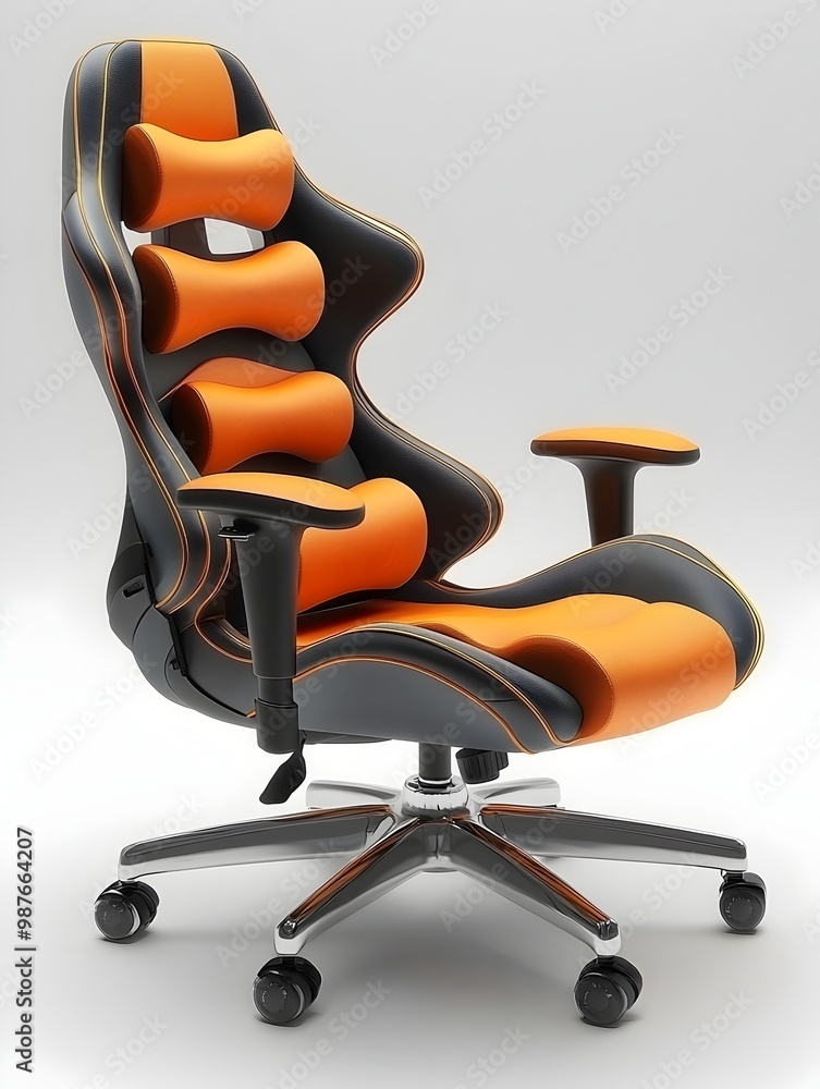 Poster visually striking 3d rendered image of a bold and vibrant ergonomic gaming chair designed for comfor