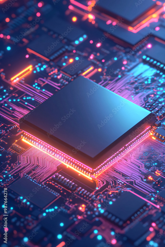 Poster a close up of an advanced microchip on top with colorful circuit patterns glowing in the background