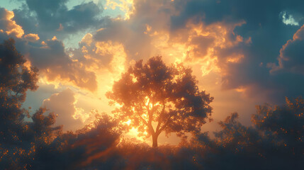 Naklejka premium Golden Sunset with Tree Silhouette Illustration