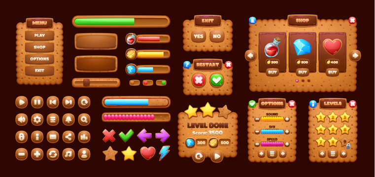 Cookie cracker game interface. Ui game elements, including cartoon windows, options, settings plates, progress bars and gui icons. User panels, boards, sliders, keys, buttons and user interface menus