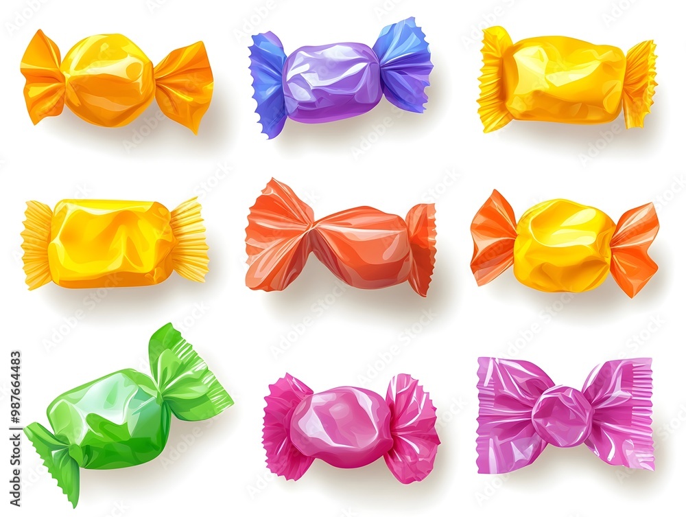 Poster visually striking arrangement of various unopened candy wrappers in a range of vivid colors and shap