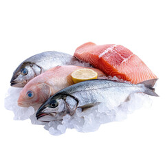 Fresh fish assortment with lemon slice on ice, white background.
