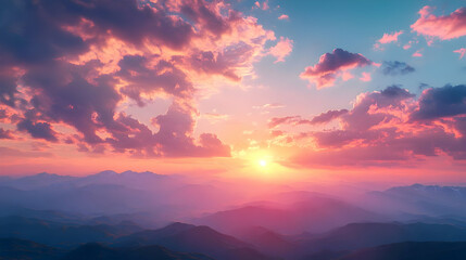 Mountain Range Sunset with Pink Clouds Illustration