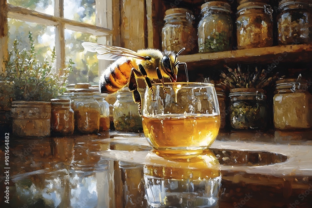 Aufkleber a bee sits on the edge of a glass of honey with a single drop dripping down the side.