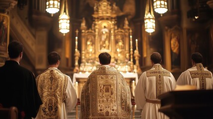 A group of priests in ornate vestments stand reverently in a grand church, facing an elaborate altar illuminated by soft lighting.