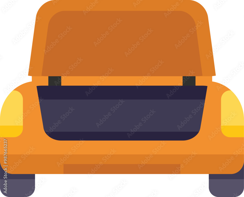 Poster orange car with an open trunk is shown from the rear view, suggesting it is parked and ready for loa