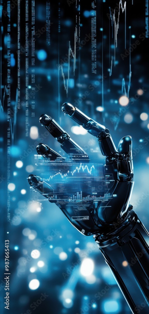 Poster futuristic digital interface with robotic hand touching a transparent screen filled with data and an