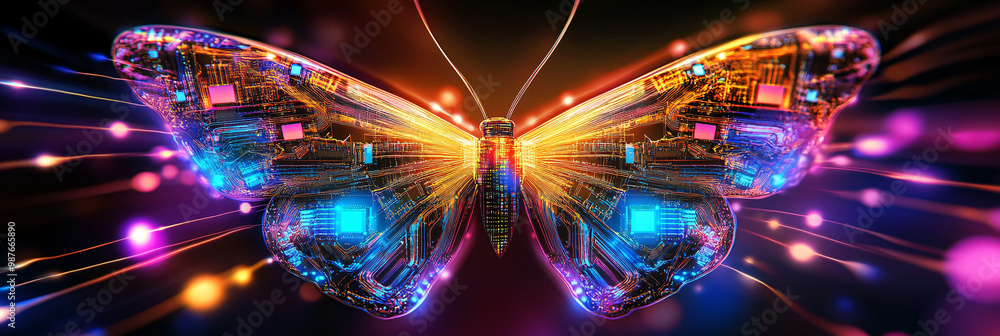 Poster a cybernetic butterfly with microchip wings emitting a radiant circuit pattern in mid-flight.