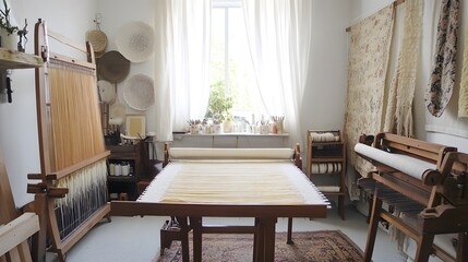 Cozy Handwoven Textile Studio with Traditional Loom and Vintage Decor Elements