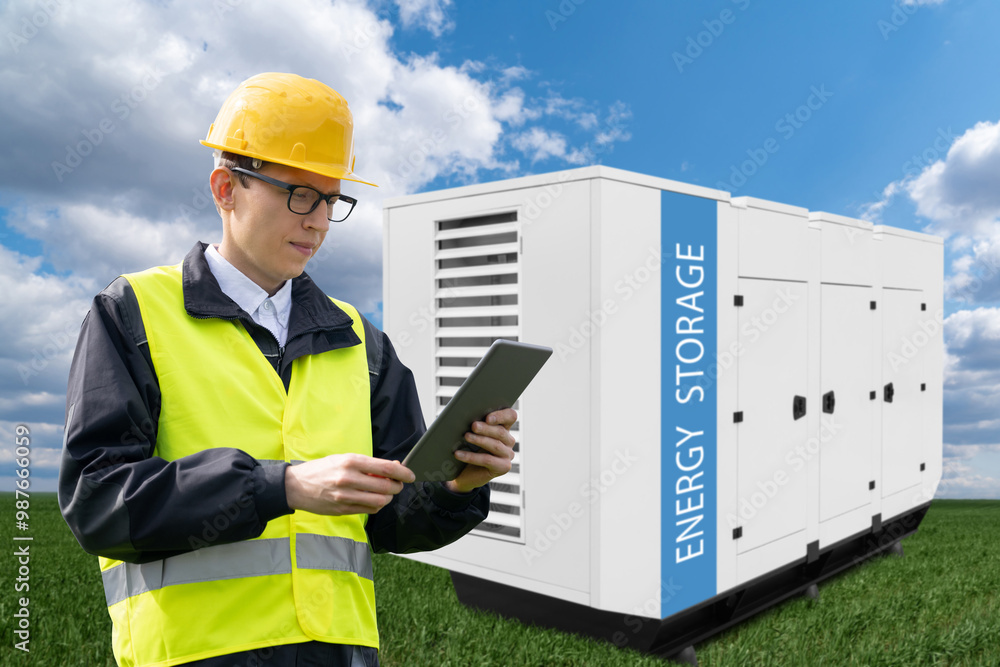 Aufkleber engineer on a backround of solar panels with renewable energy storage.