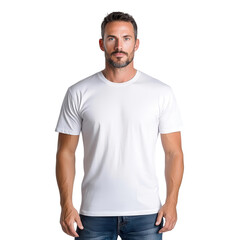 Fototapeta premium Man wearing a plain white t-shirt on a white background.