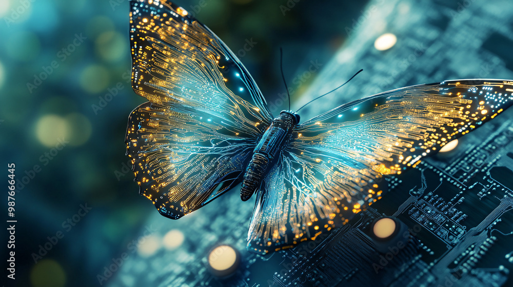 Poster a cybernetic butterfly with microchip wings emitting a radiant circuit pattern in mid-flight.