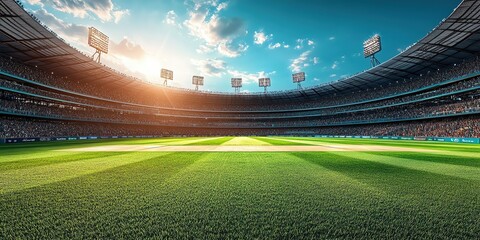 A packed cricket stadium under clear skies, with a bright green pitch and a festive atmosphere, copy space