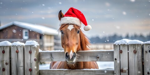 A cheerful horse wearing a Santa Claus hat peeking over a snow-covered wooden fence in a wintery setting. Perfect for Christmas-themed advertising, greeting cards, and holiday promotions. © Diana