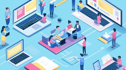 A remote education environment, where students use laptops to participate in interactive lessons, with the teacher guiding them through digital content in real-time