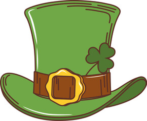 Cartoon leprechaun hat, Saint Patrick day holiday accessory. Isolated vector retro green top hat of dwarf. Fantasy elven cap in vibrant emerald hue, adorned with a shamrock or clover plant and buckle