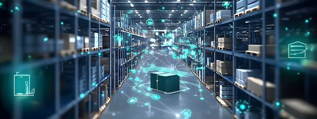 smart warehouse management system, featuring interconnected IoT devices that enable a seamless flow of information and facilitate predictive maintenance, generative ai