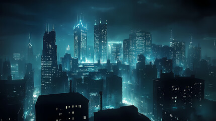 Somber dystopian gotham city at night. City at Night. Illustration