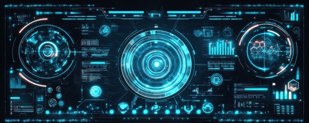 Fototapeta premium Futuristic mobile phone wallpaper featuring a digital interface with glowing blue neon lights and intricate circuit patterns