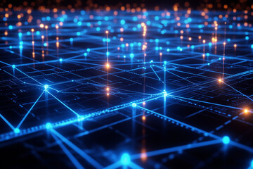 Obraz premium Abstract glowing data network grid in blue and orange tones, illustrating digital connectivity and technological advancement in cyberspace