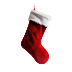Red Christmas stocking with white fur trim, isolated background