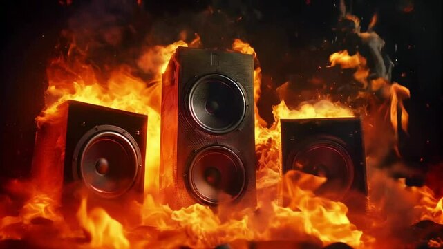 Three audio speakers are engulfed in flames on black background. Generated AI