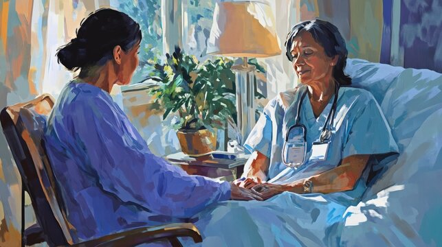 A palliative care at home scene, where a healthcare professional is providing compassionate support to a patient, ensuring comfort and quality of life in a peaceful home setting