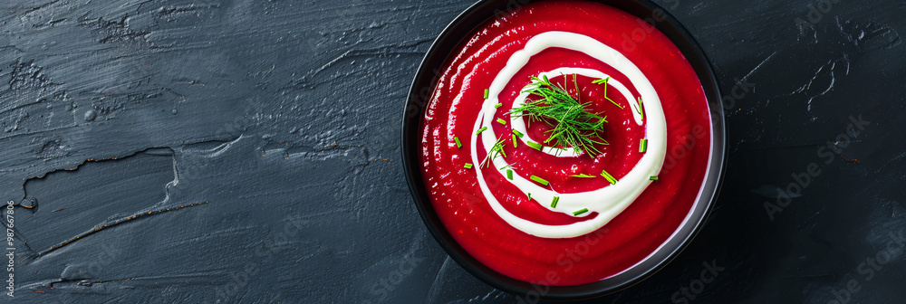 Poster a detailed and horizontal capture of a vibrant beetroot soup with a swirl of sour cream and dill. th