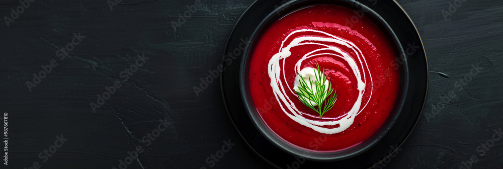 Poster a detailed and horizontal capture of a vibrant beetroot soup with a swirl of sour cream and dill. th