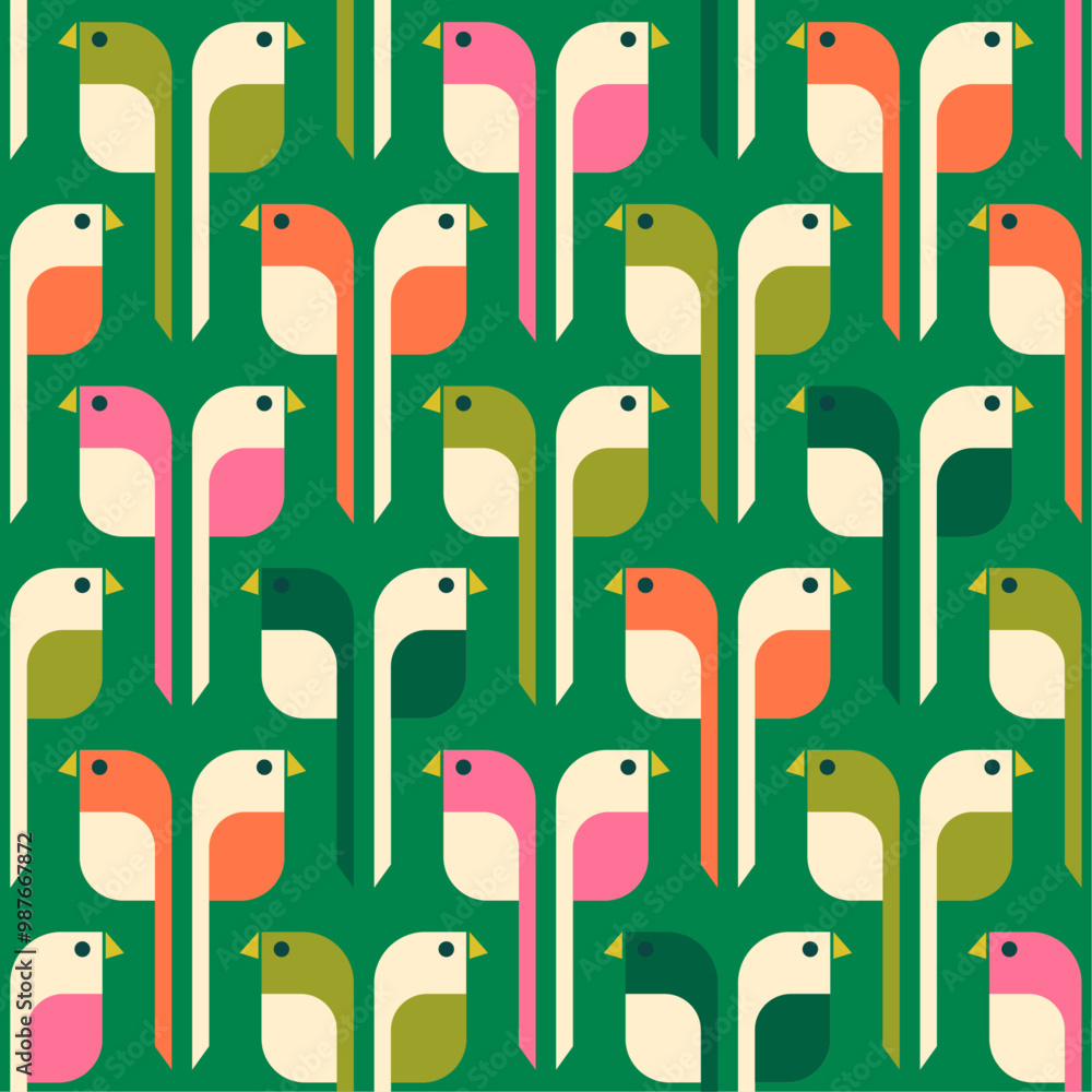 Poster Green geometric pattern of birds. Geometric repeating bird pattern.