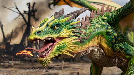 Obraz premium A cinematic medium shot of a dragon with green and yellow scales. The dragon has its mouth open, revealing sharp teeth and fire. The background is a smoky battlefield with burned trees and structures.