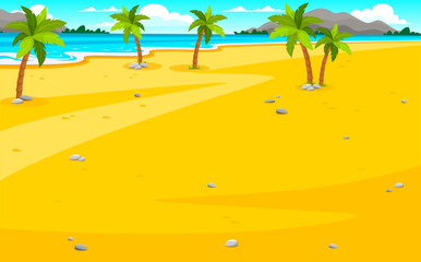 Cartoon tropical summer beach landscape featuring golden sand, palm trees, blue ocean and distant mountains under the sunny cloudy sky. Vector travel vacation background with exotic coastal paradise