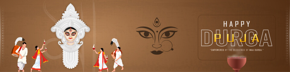 Goddess Durga Face in Durga Puja Banner
